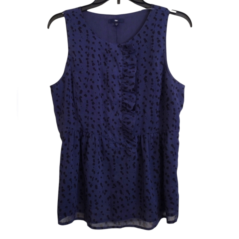 Gap Navy Blue Black Animal Print Sleeveless Ruffle Top Size Small